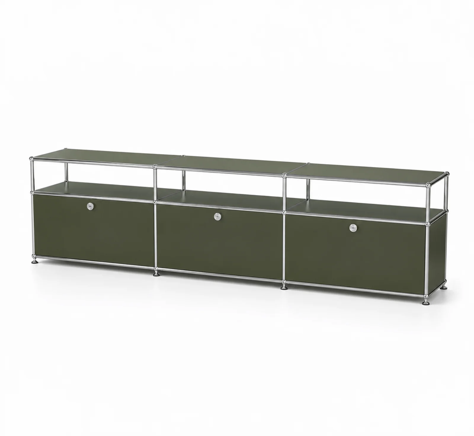 Mid-Century Olive Green TV Lowboard, Three-Row — USM Haller